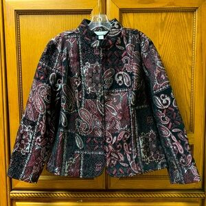 Christopher & Banks Women’s Black Silver Burgundy Paisley Zip Up Coat Sz Large